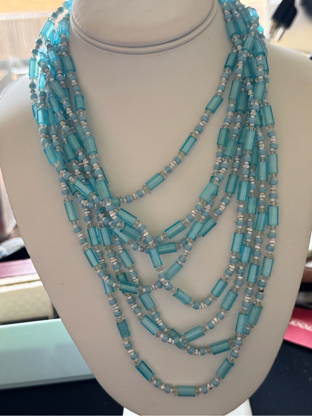 Vintage Japan Layered Aqua Glass Bead Necklace - Multi-Strand
